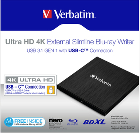 VERBATIM ext. Slimline USB 3.1 Ultra HD 4K Blu-ray Writer USB-C VERBATIM ext. Slimline USB 3.1 Ultra HD 4K Blu-ray Writer USB-C