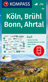 KOMPASS Wanderkarte 758 Köln, Brühl, Bonn, Ahrtal 1:50.000: 4in1 Wanderkarte mit Aktiv Guide und Detailkarten inklusive Karte zur offline Verwendung in der KOMPASS-App. Fahrradfahren.